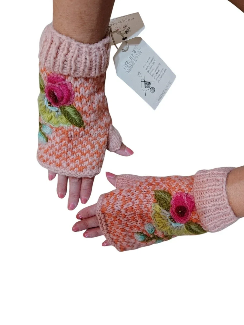NWT FRENCH KNOT FINGERLESS GLOVES FLEECE LINED MADE IN NEPAL